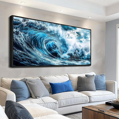 ERQINHUA Wall Art For Living Room Wall Decor For Bedroom Ocean Inspiration Pictures Blue Wave Canvas Printing Wall Paintings Office Mural Posters Modern Home Decor Aesthetics 32x72 In Black Framed