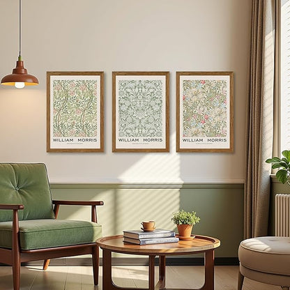JLTULT 3 Piece Wood Frames Vintage Floral Canvas Wall Art, William Morris Flower Pattern Wall Decor, Nature Botanical Picture Artwork Prints for Living Room Bedroom Office 16x24 inch Easy to hang