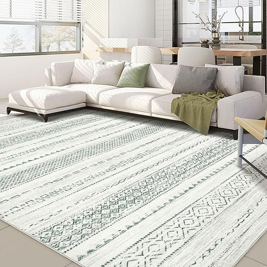 Nakagishi Green Rug Living Room Rugs: 9x12 Washable Boho Large Neutral Soft Farmhouse Stain Resistant Modern Non Slip Indoor Floor Carpet for Bedroom Nursery Kids Playroom Office Dining Room Home