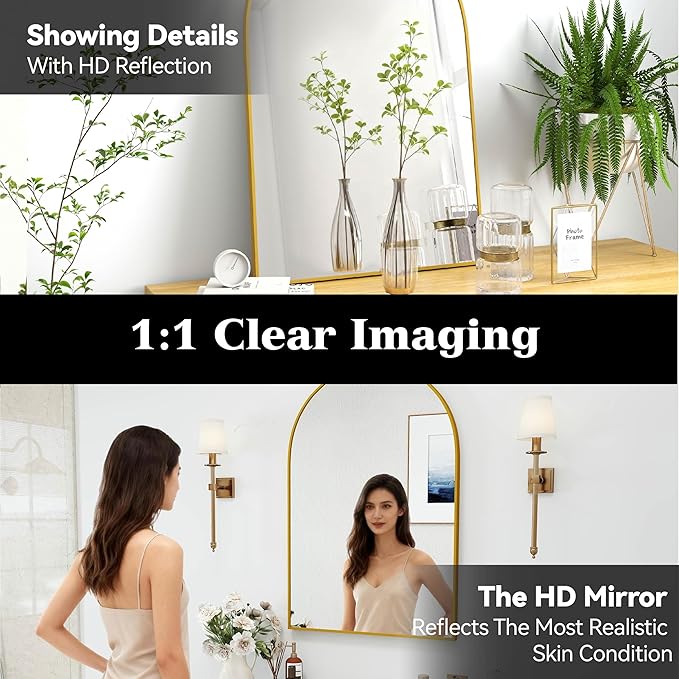 SCWF-GZ 24x36 Arch Mirror Rectangle Full Length Wall Mounted Hanging or Against Wall Metal Aluminum Alloy Frame Dressing Make-up Mirrors for Entryway Bedroom Bathroom Living Room 24 36 inch Gold