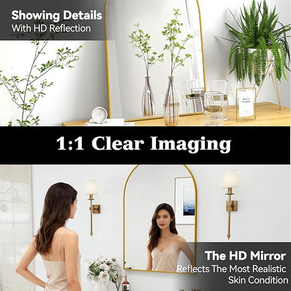 SCWF-GZ 24x36 Arch Mirror Rectangle Full Length Wall Mounted Hanging or Against Wall Metal Aluminum Alloy Frame Dressing Make-up Mirrors for Entryway Bedroom Bathroom Living Room 24 36 inch Gold