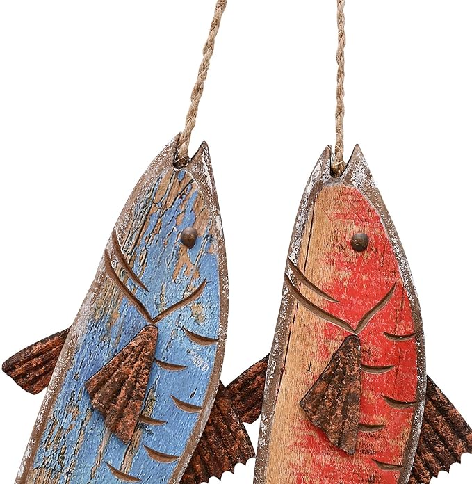 Wooden Fish Hanging Wood Decor for Wall, Rustic Nautical Beach Theme Home Decoration Sculpture Home Decor for Bathroom Bedroom Lake House Decoration
