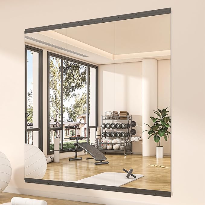 Hasipu 3 Pcs 55''x17'' Home Gym Mirror Large Full Length Wall Mounted Full Body Mirror for Yoga Dance Fitness Exercise Studio Bedroom Garage, Frameless Tempered Glass Workout Mirrors Black Rectangular