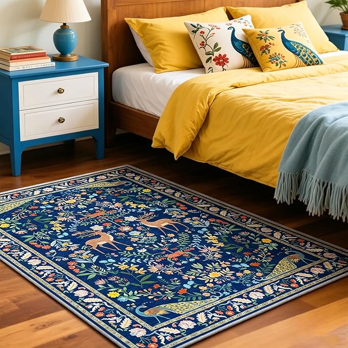 Lunasun 2x3 Washable Bathroom Rug, Small Throw Rugs for Kitchen, Powder Room, Front Door Indoor Entrance, Non Slip Low Pile Stain Resistant, Blue Colorful Floral Aethestic