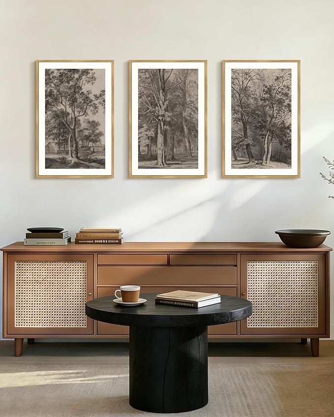 PHOPAGO Vintage Tree Framed Wall Art Large 16x24in Retro Forest Wall Decor Nature Wilderness Sketch Paints Modern Bedroom Living Room Decor - Natural Framed