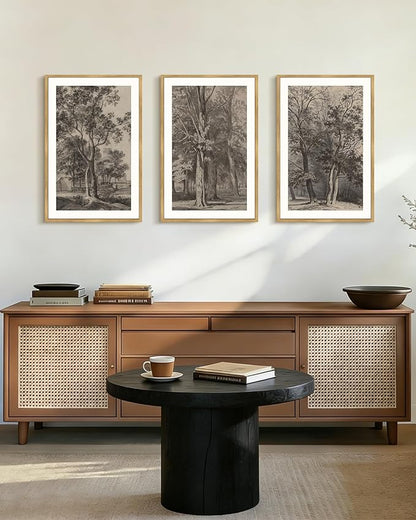 PHOPAGO Vintage Tree Framed Wall Art Large 16x24in Retro Forest Wall Decor Nature Wilderness Sketch Paints Modern Bedroom Living Room Decor - Natural Framed