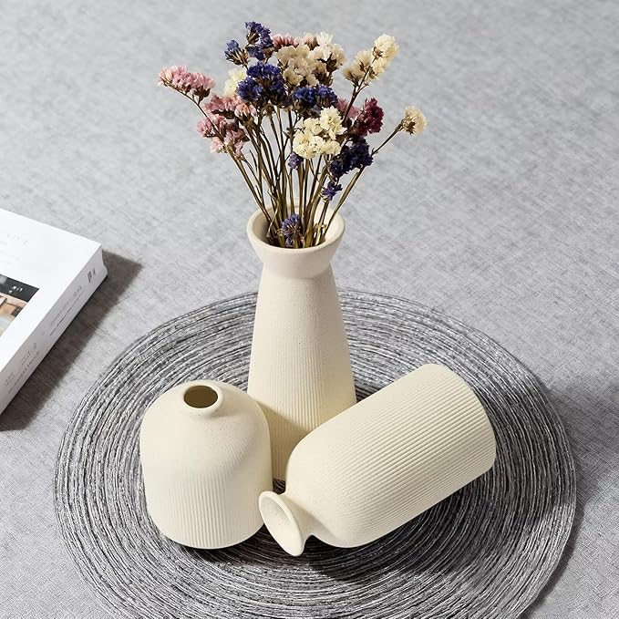 Ceramic Flower Vases Set of 3, Valentine's Day Gift Vases with Vertical Stripe Texture, Modern Decorative Vases for Dried Flowers, Home Decor Vases for Living Room Bedroom Kitchen Shelf(Beige)