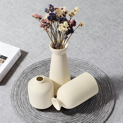 Ceramic Flower Vases Set of 3, Valentine's Day Gift Vases with Vertical Stripe Texture, Modern Decorative Vases for Dried Flowers, Home Decor Vases for Living Room Bedroom Kitchen Shelf(Beige)