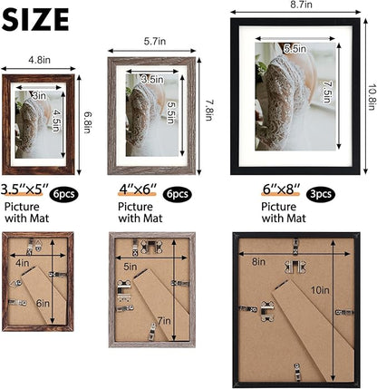 Fixwal Picture Frames Set, 15 Pack Wall Frame Set in 3 Different Finishes with Mat for Multiple Sizes Photos, Three 8x10, Six 5x7, Six 4x6 for Wall Gallery Decor, Hanging or Tabletop Display