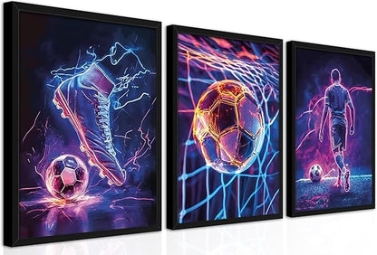 BGFCE Cool Soccer Gaming Wall Art Posters Set of 3, Neon Video Gamer Canvas Pictures, Colorful Soccer Game Painting Prints for Boys Room, Gaming Room Decor for Kids Gamer Room 12x16 inch Unframed