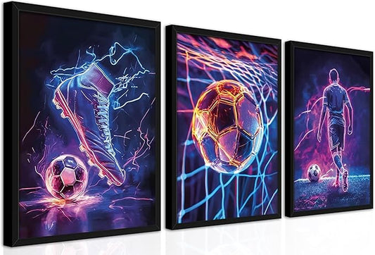 BGFCE Cool Soccer Gaming Wall Art Posters Set of 3, Neon Video Gamer Canvas Pictures, Colorful Soccer Game Painting Prints for Boys Room, Gaming Room Decor for Kids Gamer Room 16x24 inch Unframed