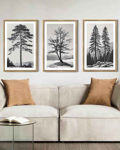 Drsoum Vintage Black Gray Tree Wall Art Framed Antique Retro Forest Prints Modern Rustic Artwork Bedroom Farmhouse Ready to Hang 16x24in Natural Framed