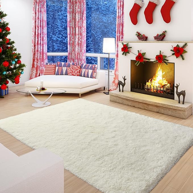 Andecor Soft Fluffy Bedroom Rugs, 6 x 9 Feet Indoor Shaggy Plush Area Rug for Boys Girls Kids Baby College Dorm Living Room Home Decor Floor Carpet, Cream White