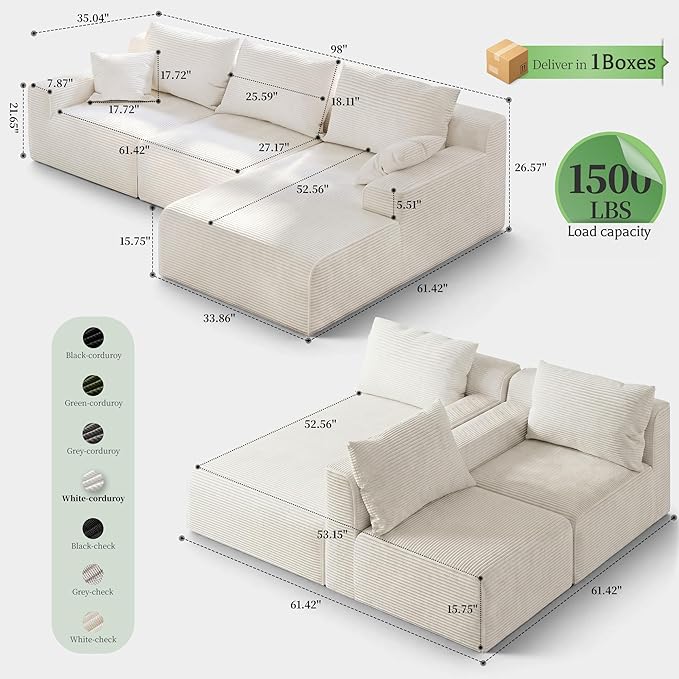 Homkdom L-Shaped Cloud Boneless Couch with Deep Seat, Modular Sectional Sofa with Oversized Chaise, 6 Layouts Combination for Living Room, Apartment, No Assembly (White, Right Chaise)