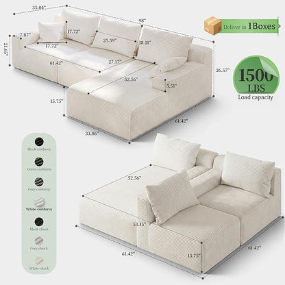 Homkdom L-Shaped Cloud Boneless Couch with Deep Seat, Modular Sectional Sofa with Oversized Chaise, 6 Layouts Combination for Living Room, Apartment, No Assembly (White, Right Chaise)