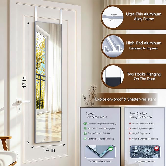 NARCISSUS 47x14 Mirror Door Hanging Full Length,Over Door or Wall Mounted Aluminum Alloy Frame Tempered Glass Rectangle Full Body Mirrors for Bedroom Dressing Living Room Bathroom 47 inch Silver
