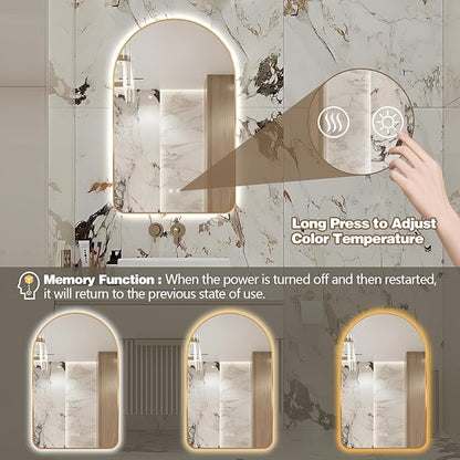 Niccy Arched LED Lighted Bathroom Mirror, 40x30 Inch Backlit Vanity Bathroom Mirror with Lights Brushed Gold Framed Wall Mounted Mirrors with 3 Color Shatterproof Arch Smart Fog Free Mirror