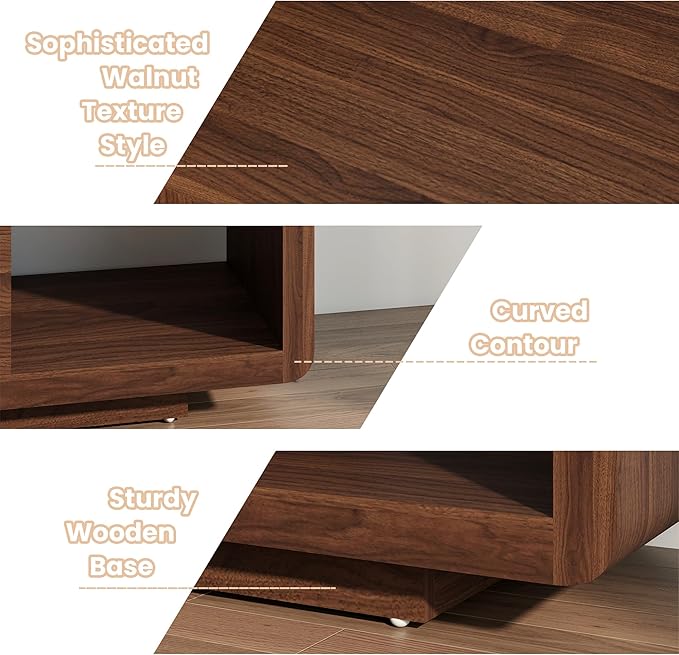 MWOOD 50.4" TV Stand with Charging Station, Mid Century Console Table with Curved Edges, Wood Entertainment Center with 4 Open Shelves for Living Room Bedroom, Appartment Walnut