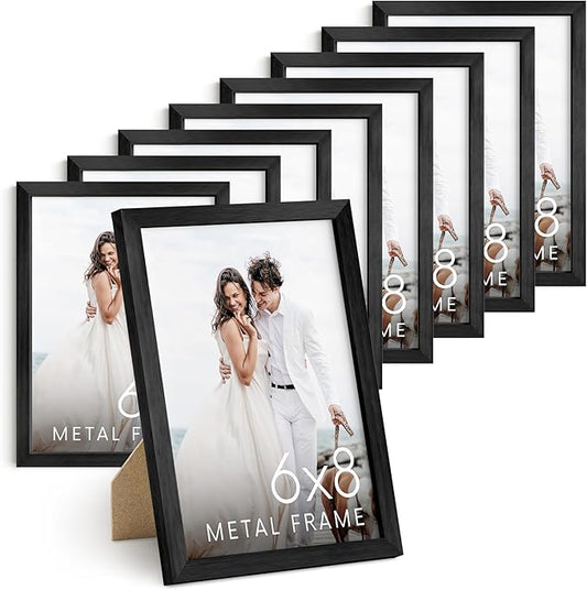 HAUS AND HUES 6x8 Black Metal Picture Frames - Features Premium Aluminum, Vertical Hanging & Easel Back, Shatterproof Plexiglass - Ideal for Home, Room, Office (6x8 in, Black, Set of 9)