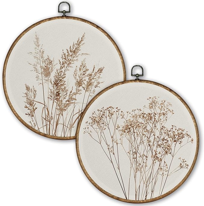 TLESKE Beige Rustic Fall Botanical Round Wall Art Decor Set of 2, Boho Autumn Wildflower Floral Framed Canvas Prints Wall Art Artwork, Neutral Vintage Wall Hanging Decor for Farmhouse Bedroom Living Room 10x10