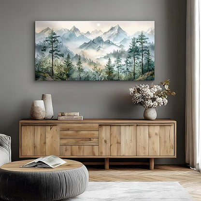 SERIMINO Large Canvas Wall Art for Living Room, Mountain Forest Landscape Canvas Prints Paintings, Nature Scenery Wall Decor, Green Modern Home Bedroom Bathroom Pictures Home Decor 29"X57"