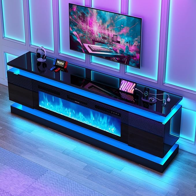 chartustriable 81IN LED TV Stands w/50 inch Fireplace Power Outlet for 90/85/80/75 Inch TVs,High Glossy Modern TV Media Console Gaming with 2 Storage Cabinets,Dual LED Lights,Black