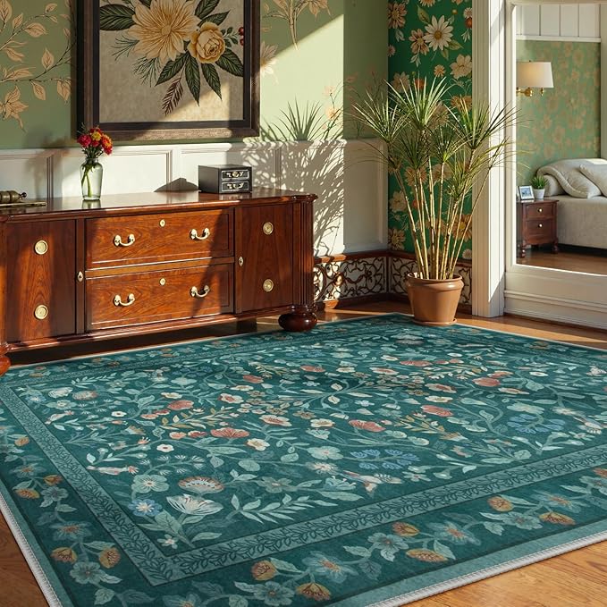Lahome Floral Washable Area Rugs 8x10, Non-Slip Living Room Carpet Soft Tumble Washable Rugs for Bedroom Nursery, Vintage Botanical Print Carpet for Classroom Kids Room, Dark Green