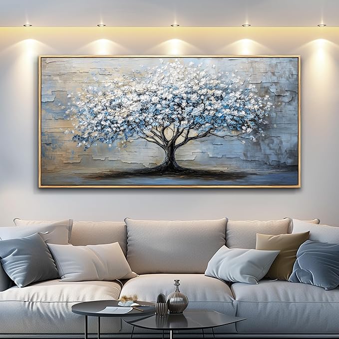 ERQINHUA Abstract Wall Art Living Room Large Wall Decor Wood Framed Art For Office Wall Pictures Blue Grey Tree Painting Canvas Printing Artwork Bedroom Restaurant Home Decoration Aesthetic 30"X60"