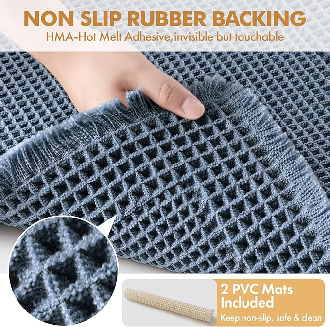 MIULEE Set of 2 Waffle Bathroom Rugs, Boho Bath Rug Super Absorbent, Non Slip Washable Ultra Soft Rubber Backed Shower Bath Mats for Floor, Tub, Shower, Bordered Design, Blue, 17"x24"+18"x30"