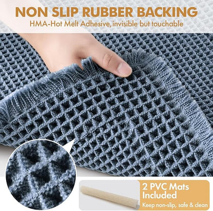 MIULEE Set of 2 Waffle Bathroom Rugs, Boho Bath Rug Super Absorbent, Non Slip Washable Ultra Soft Rubber Backed Shower Bath Mats for Floor, Tub, Shower, Bordered Design, Blue, 17"x24"+18"x30"