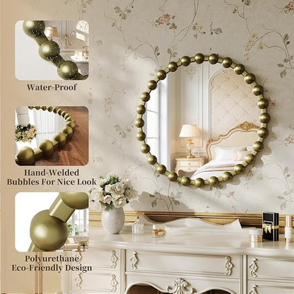 Round Mirror for Wall, 28 Inch Bronze Round Vanity Mirror with Beaded Frame, Modern Decorative Wall Mirror for Bathroom, Entryway, Bedroom, Living Room, Shatter-Proof Tempered Glass, Bronze