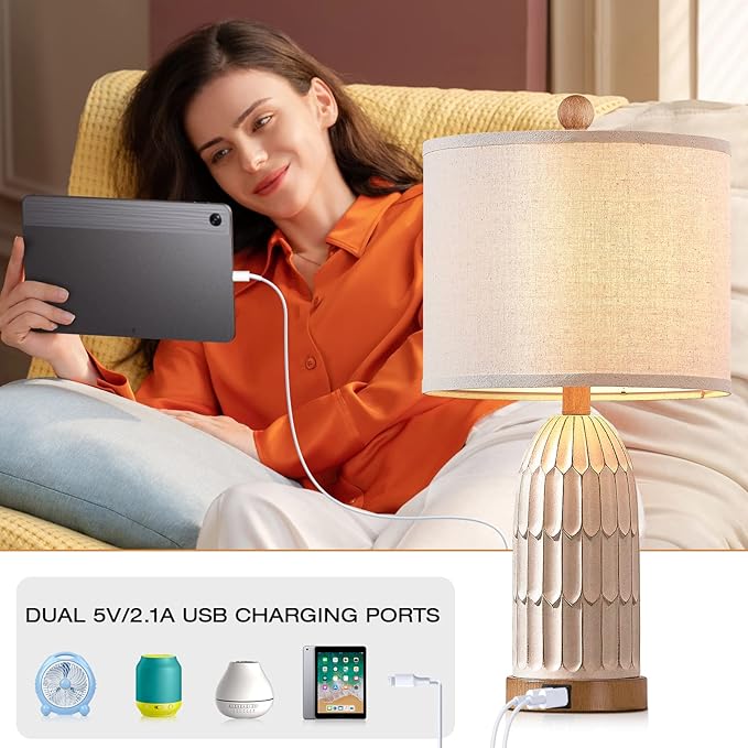 Cinkeda Boho Table Lamps Set of 2, Farmhouse 3-Way Dimmable Touch Nightstand Lamp with 2 USB Charging Ports, White Vintage Bedside Lamp for Bedroom Living Room End Table (Bulbs Included)