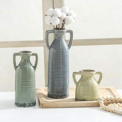 Ceramic Vases Set of 3, Neutral Rustic Farmhouse Vase with Handle, Decorative Flower Vases Home Decor Modern Boho Pampass Vase for Table Mantel Entryway Shelf Living Room Kitchen Bathroom - Multicolor