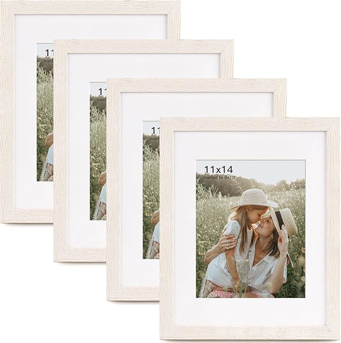 Momentworth 11x14 Picture Frame with Mat for 8x10 Set of 4, Rustic White Wood Grain 11 x 14 Gallery Wall Picture Frames for Wall Mounting(4 Pack, White)