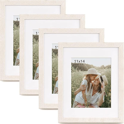 Momentworth 11x14 Picture Frame with Mat for 8x10 Set of 4, Rustic White Wood Grain 11 x 14 Gallery Wall Picture Frames for Wall Mounting(4 Pack, White)
