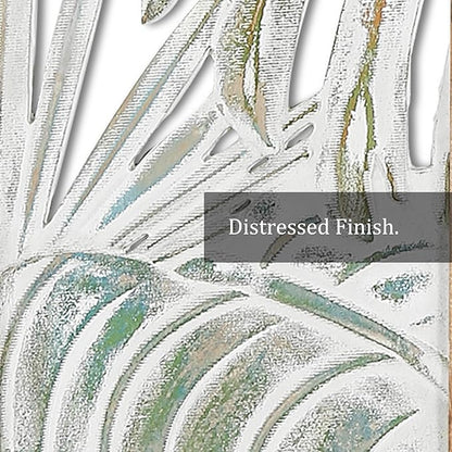 XIAOAIKA Boho Hand-Carved Wood Wall Art Decor, 35.5" Tropical Leaf Design, Distressed White Wood Panels, Decorative Hanging Wall Sculpture for Living Room, Bedroom, Office (Set of 3 Panels)