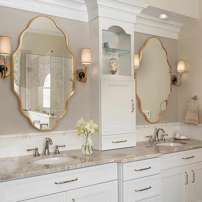Scalloped Mirror for Bathroom - 26"x46" Gold Bathroom Mirror with Aviation Aluminum Alloy Frame & Shatter-Proof Glass for Living Room Bedroom Entryway, Brushed Gold Frame(x1)