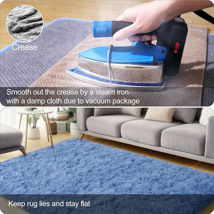 qulint Blue Rugs for Bedroom 3x5, Fluffy Shag 3x5 Area Rug for Boys Room Fuzzy Small Kids Rug, Plush Shaggy Alfombras for Girls Dorm Playroom Nursery Aesthetic Home Decor (3ft x 5ft, Blue)