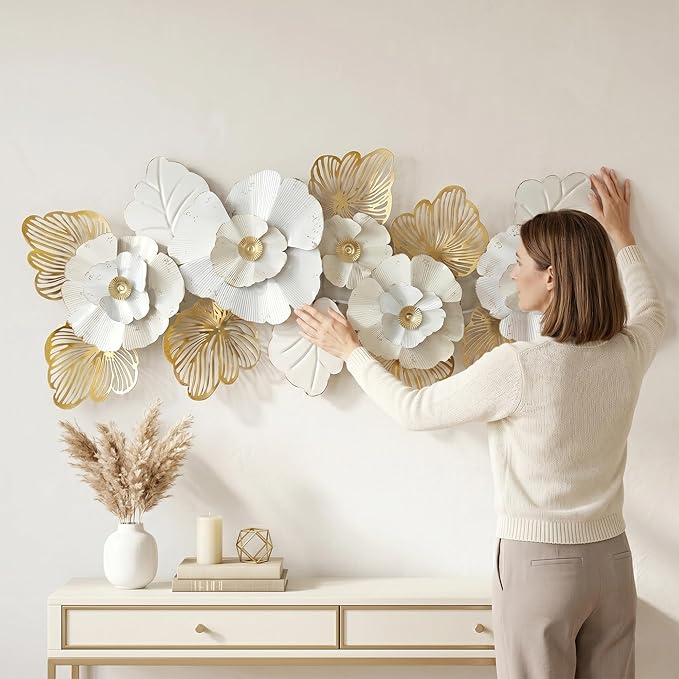 Axioglo Large Metal Wall Art Decor, 3D Abstract Floral Design, Handcrafted Metal Wall Sculpture for Living Room, Bedroom & Entryway（59"）