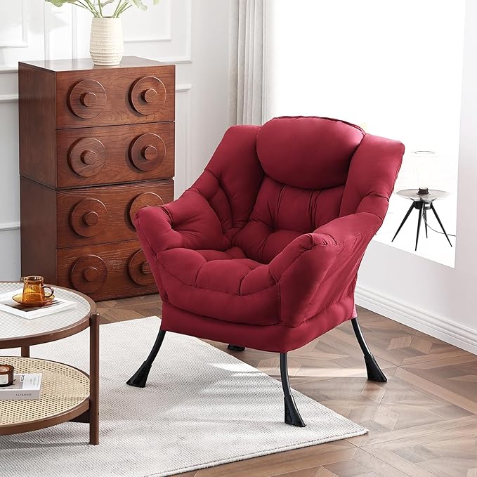 Lazy Chair, Large Accent Chair, Modern Comfy Armchair, Burgundy Chair for Living Room Bedroom Dorm Room Office Apartment Reading Relaxing Use