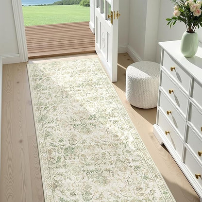 Green 2x6 Runner Rug for Hallways Bed Side Kitchen, Boho Washable Distressed Low-Pile Floor Entryway Long Bathroom Mat, Non-Slip Laundry Room Washstand Front Carpet Green 24x72 Inch