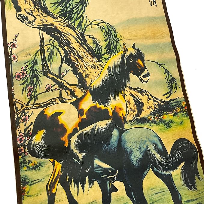 4 Panels Watercolor Horse Scroll Painting for Living Room Farmhouse Large Wall Hanging Decor, 8 Horses Animal,56.8x49 Inches
