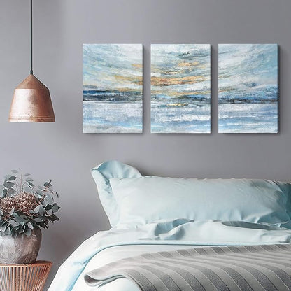 Abstract Canvas Wall Art for Bedroom 3 Piece Ocean Painting Coastal Theme Artwork Blue and Yellow Sunset & Sunrise on the Beach Seascape Picture for Bathroom Living Room Light 12x16inchx3 panel
