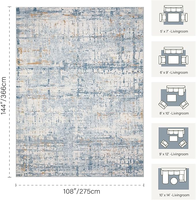 9x12 Area Rug for Living Room, Extra Large Washable Rug, Soft Blue Abstract Rug for Bedroom, Office, Farmhouse, Low Pile Imitation Wool Non Slip Carpet Ideal for High-Traffic Areas, Blue Beige