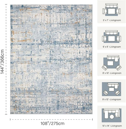 9x12 Area Rug for Living Room, Extra Large Washable Rug, Soft Blue Abstract Rug for Bedroom, Office, Farmhouse, Low Pile Imitation Wool Non Slip Carpet Ideal for High-Traffic Areas, Blue Beige