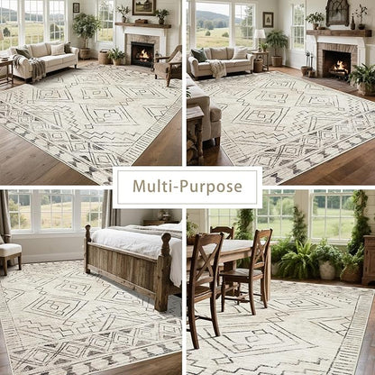 Srugn Washable Rugs 8x10 Area Rugs for Living Room,Bedroom,Dining Room- Large Ultra Soft Faux Wool Retro Carpet,Non Slip&Non-Shedding Low Pile Morocco Rug for Farmhouse Home Office Dorm(Beige-Brown)