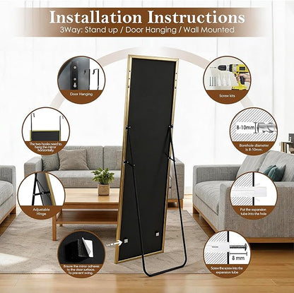 NARCISSUS 57x16 Mirror Door Hanging Full Length Body with Floor Stand or Wall Mounted Metal Aluminum Frame Tempered Glass Rectangle Mirrors for Bedroom Dressing Living Room Bathroom 57 inch Gold