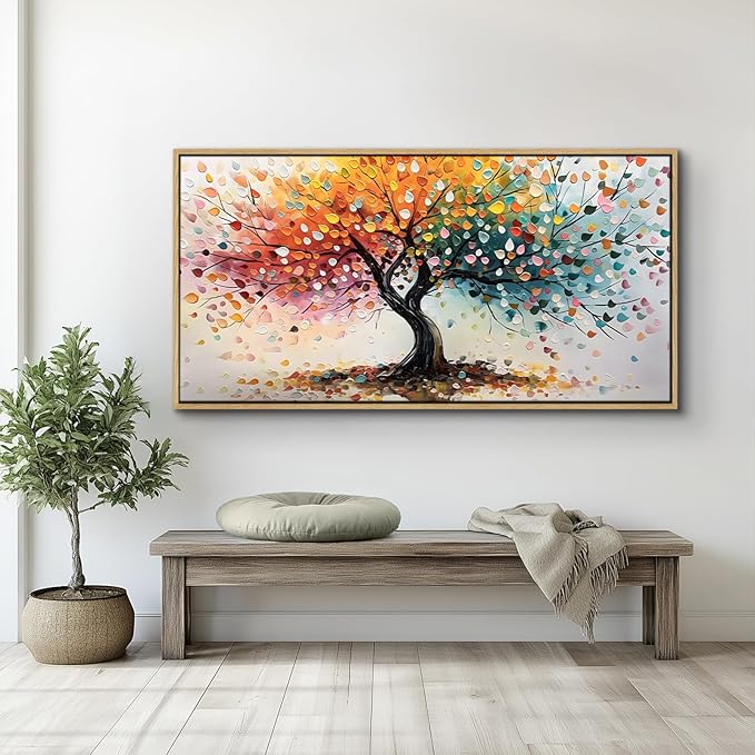 crmotu Tree of Life Large Framed Wall Art, Rainbow Tree Canvas Prints Abstract Painting, Colorful Modern Aesthetic Wall Pictures for Living Room Bedroom Bathroom Home Office Decorations 29"X57"