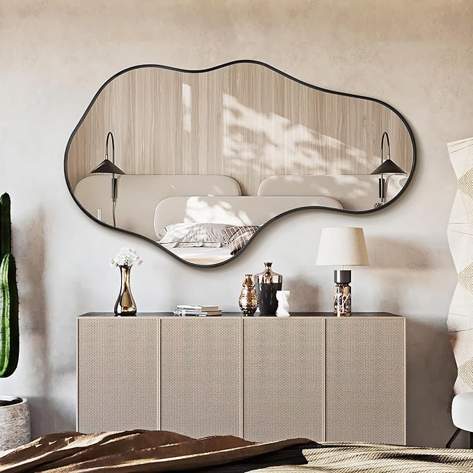 Dorlicecass Irregular Wall Mirror - Wall Mirrors Decorative 22"x 36" Asymmetrical Abstract Mirror Aviation Aluminum Alloy Frame Unique for Bathroom, Bedroom, Living Room, Cloakroom, Entryway Black