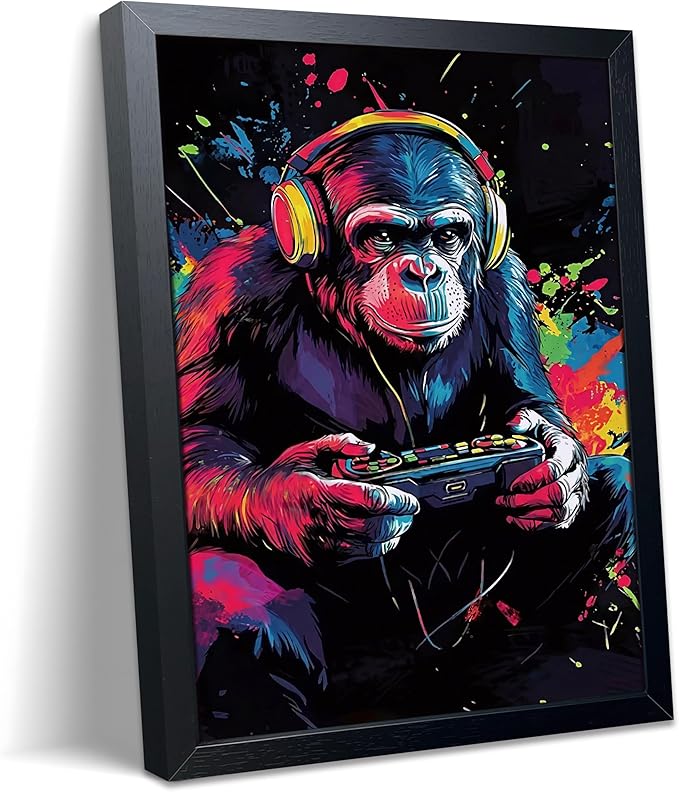 Gamer Monkey Wall Art, Gorilla Playing Video Game with Controller Canvas Print Poster, Colorful Graffiti Gaming Animal Painting, Boys Room Game Room Wall Decor 12x16 Inch Wood Framed